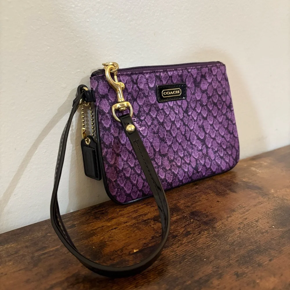 Coach Purple Patterned Wristlet Clutch with Black Strap
